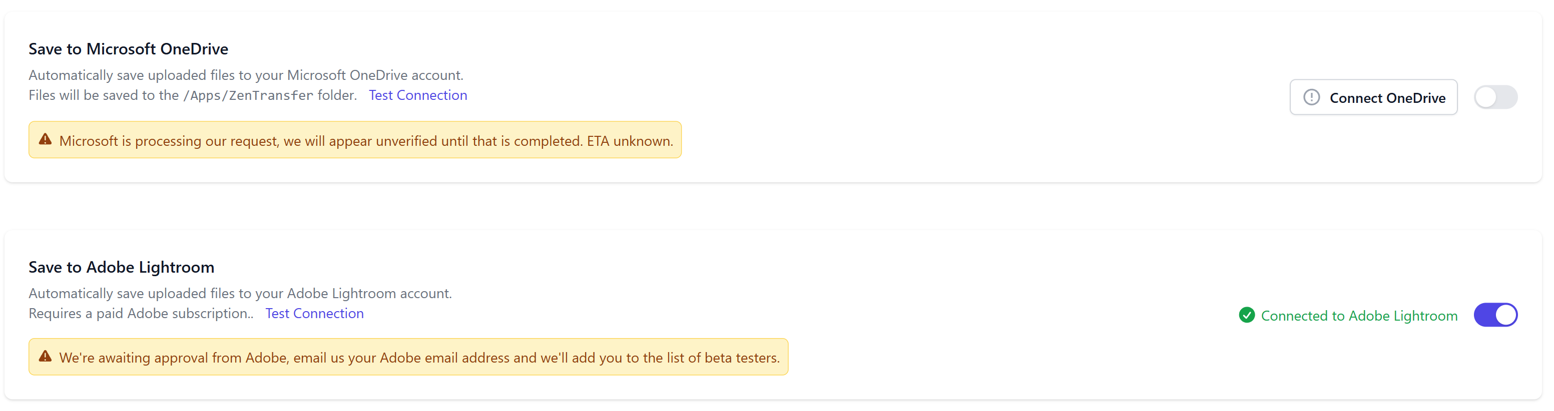 Settings for connecting to Adobe Lightroom and Microsoft OneDrive